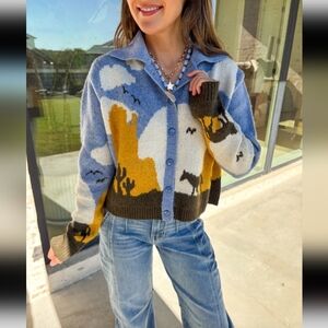 Taelynn Horse On The Horizon Knit Western Blue and Brown Western Button Cardigan